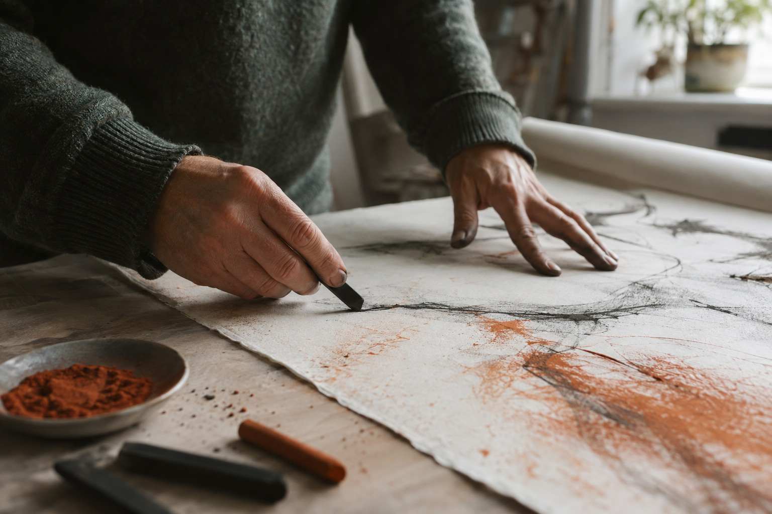 Hands drawing with charcoal in a working studio